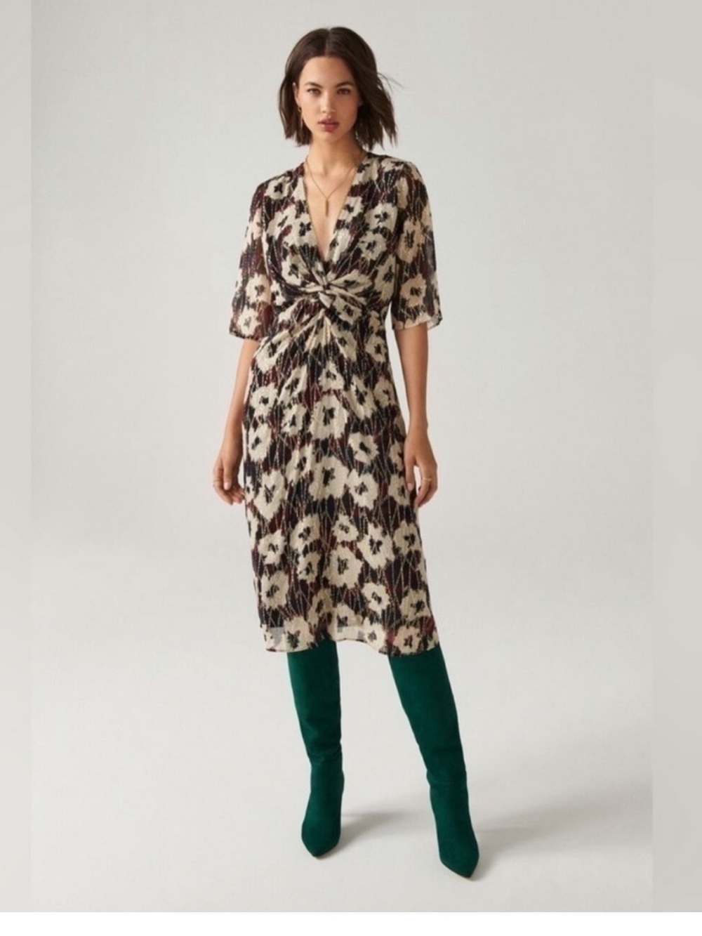 ba&sh Kaz Ecru Metallic Floral Print Midi Dress